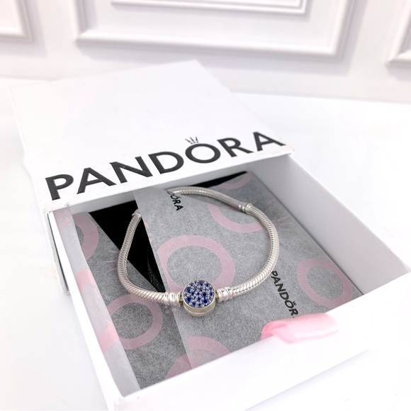 NEW! Pandora Moments Sparkling Blue Disc Clasp Snake Chain Bracelet Size 7.1" - Picture 6 of 13